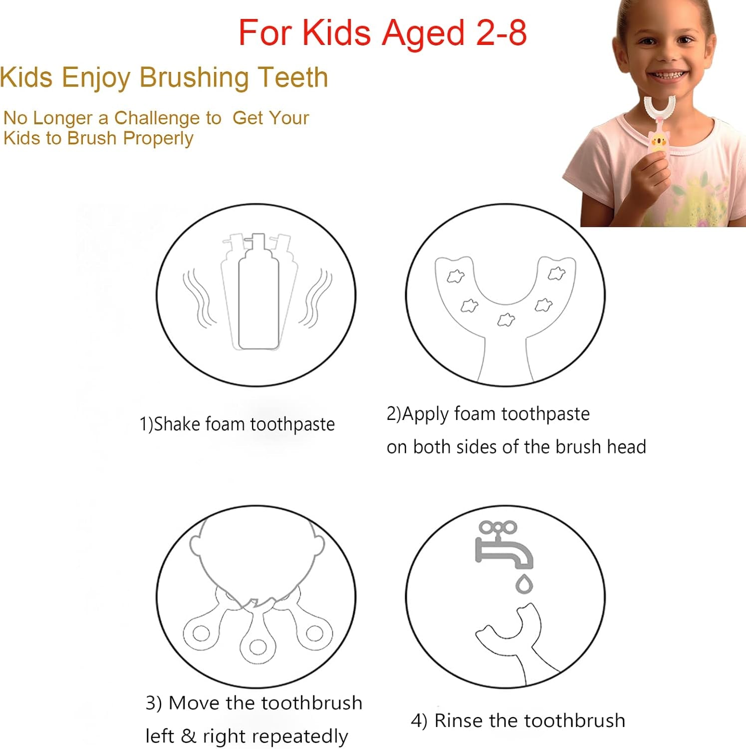 Toddler Children 360 U Shaped Toothbrush Kid Age 2-6&2-4&4-7&6-8 Yr All Rounded Teeth Brush Head Pack, Easy Circular Wide 3 Side Foam Manual Boy Girl Full Whole Mouth Guard Cepillo Dental Para Nios